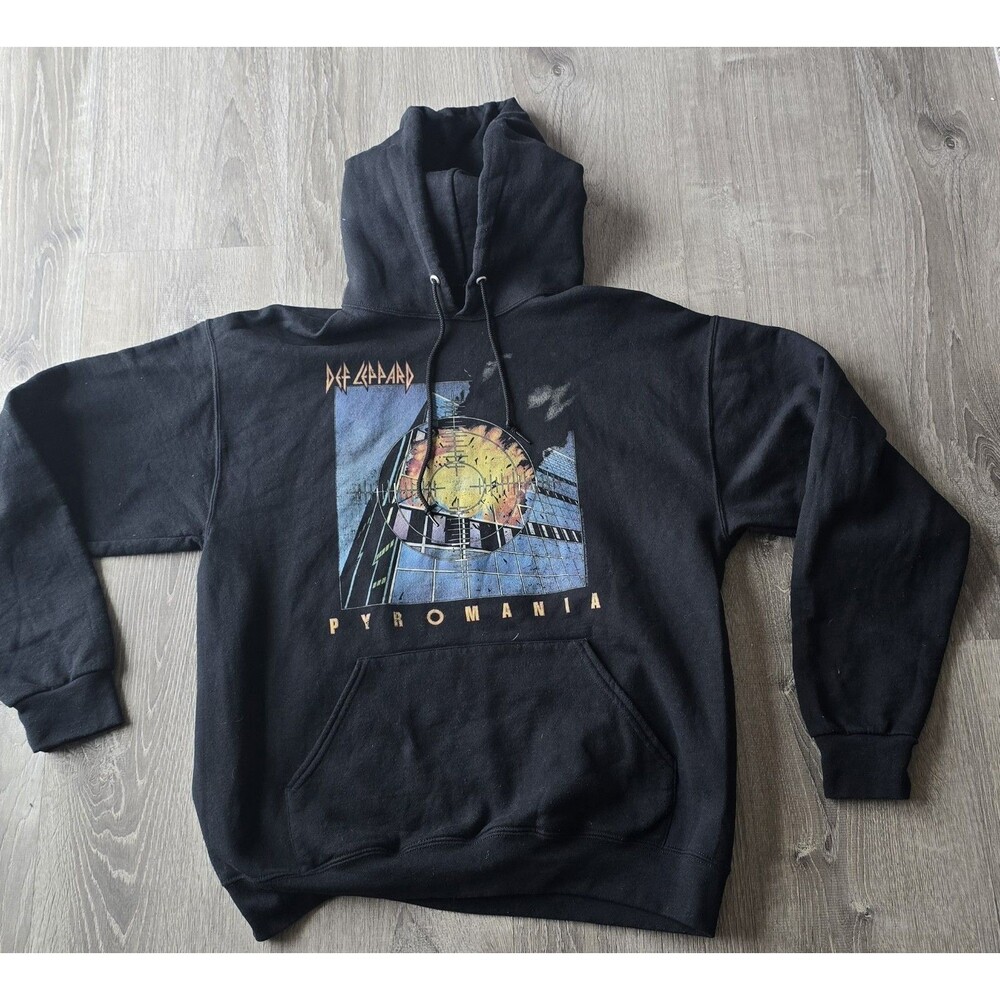 Def Leppard Pyromania Graphic Hoodie Black Rock Band Sweatshirt Mens L